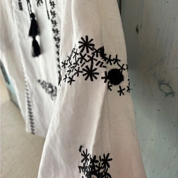 Boho White Linen Peasant Top with Black Intricate Embroidery - Picture 5 of 16